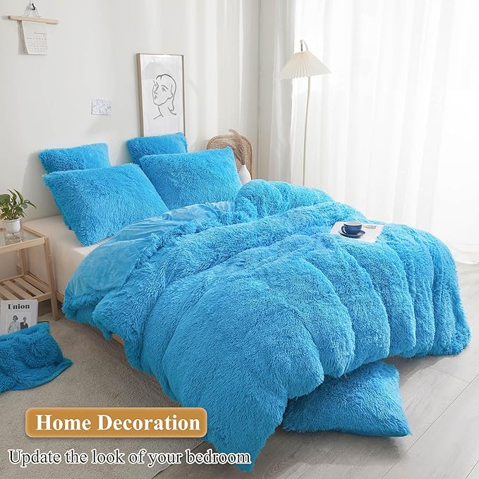 XeGe Faux Fur Fluffy Pillow Cases, Soft Plush Shaggy Furry Blue Pillowcases, Velvet Fuzzy Decorative Throw Pillow Covers for Bed Couch, Zipper Closure, Set of 2(Standard Size, Blue)