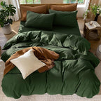 MooMee Bedding Duvet Cover Set 100% Washed Cotton Linen Like Textured Breathable Durable Soft Comfy (Solid Forest Green, Oversized King Plus 128"x120")