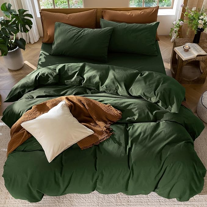 MooMee Bedding Duvet Cover Set 100% Washed Cotton Linen Like Textured Breathable Durable Soft Comfy (Solid Forest Green, Oversized King Plus 128"x120")