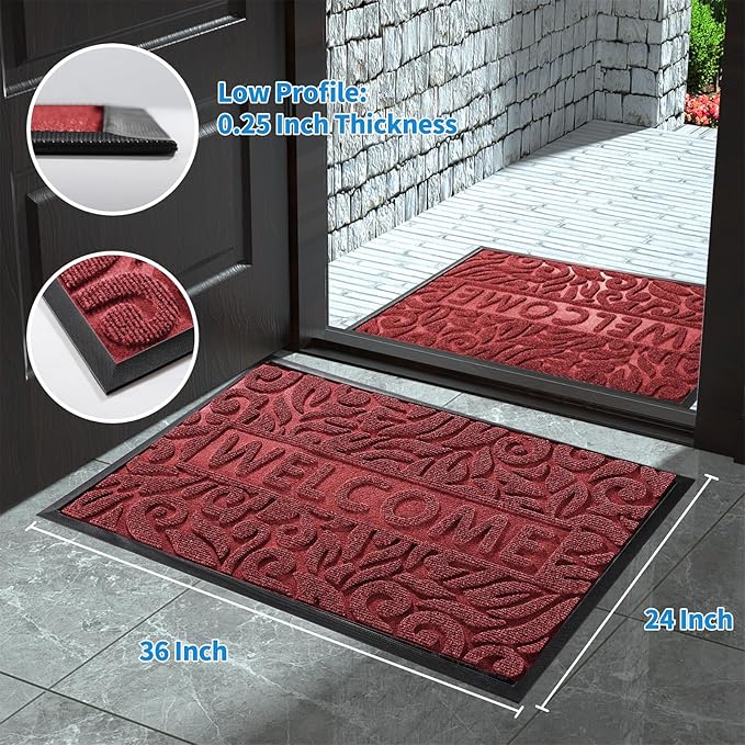 Yimobra Large Welcome Mat 36x24, Waterproof Non-Slip Outdoor Mats for Front Door Outside Entrance, Low-Profile Entryway Mat Indoor for Garage Patio, Wine Red