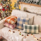 AQOTHES Blue White Plaid Winter Throw Pillow Covers 12x20 Inch Set of 2, Boucle Faux Fur Pillow Covers,Cozy Fluffy Home Living Room Farmhouse Decor for Sofa Couch Bed