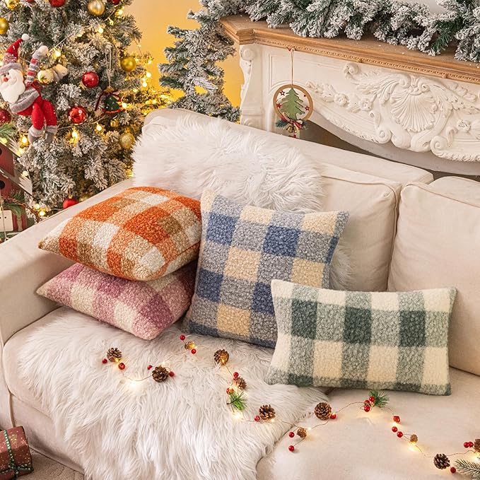 AQOTHES Light Green White Plaid Winter Throw Pillow Covers 18x18 Inch Set of 2, Boucle Faux Fur Pillow Covers,Cozy Fluffy Home Living Room Farmhouse Decor for Sofa Couch Bed