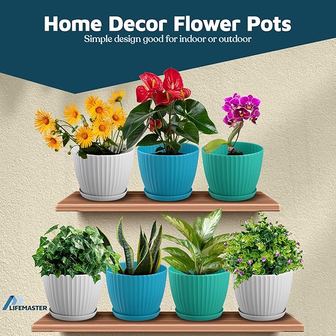 Multicolor 6-Inch Plant Pots with Drainage & Saucers 3 Pack, Indoor & Outdoor Planters for Houseplants, Herbs, and Flowers, Durable & Weatherproof Material, Stackable, Lightweight, Minimalist Design