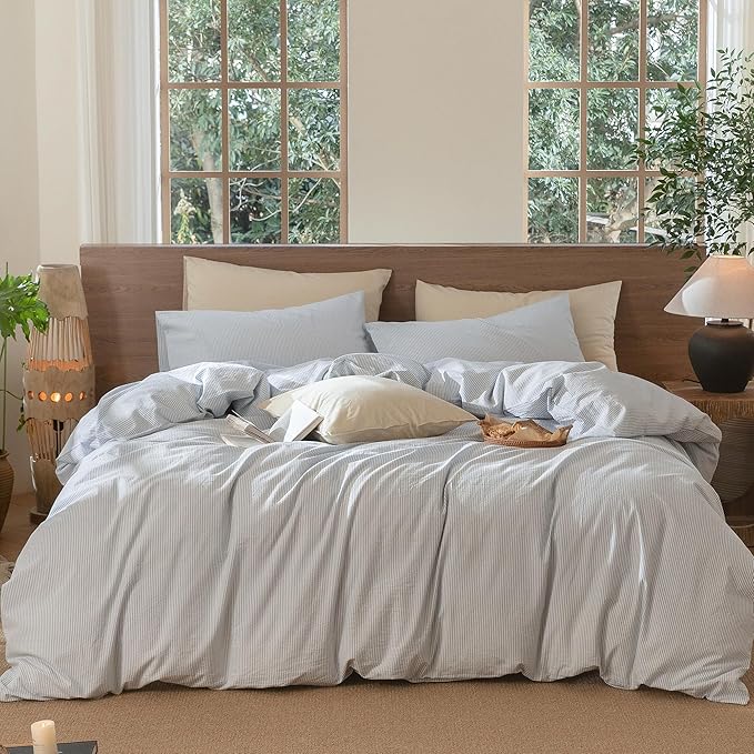 MooMee Striped Duvet Cover Set 100% Washed Cotton Linen Like Textured Breathable Durable Soft Comfy (Cornflower Blue White Pinstripes, Oversized Queen 98"x98")