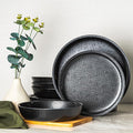 bzyoo 12 Piece Melamine Dinnerware Set - Durable, Dishwasher Safe Black Plates and Bowls - Casual Dining, Parties, Camping Dish Set Mono Black Collection