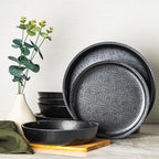 bzyoo 12 Piece Melamine Dinnerware Set - Durable, Dishwasher Safe Black Plates and Bowls - Casual Dining, Parties, Camping Dish Set Mono Black Collection