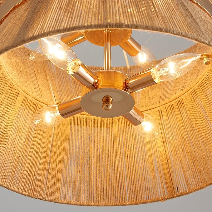 Shrine Lighting French Gold Boho Chandelier, Modern Design, Boho Drum Pendant Light for Dining Room, D18'' x H12'', Adjustable 47'', E12*8 Sockets, Jute Rope Lampshade&French Gold Finish Frame