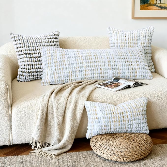 Boho Chenille Tufted Pillow Cover 14x36 Inch Set of 1, Farmhouse Striped Decorative Pillow Covers Accent Fluffy Neutral Long Body Bolster Pillow for Couch Sofa Bedroom Living Room, Gray Khaki