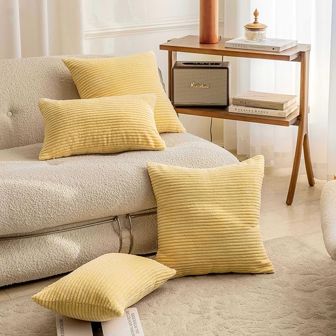 Home Brilliant Yellow Pillow Covers Decorative Set of 2 Striped Corduroy Plush Velvet Throw Pillows for Couch Fall Winter Decor, 18x18 inch, Light Yellow