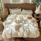 MooMee Wavy Striped Duvet Cover Set 100% Washed Cotton Linen Like Textured Breathable Durable Soft Comfy (Cream White, Queen 90"x90")