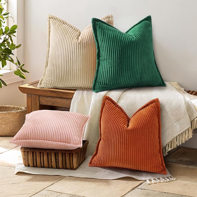 decorUhome Christmas Corduroy Green Throw Pillow Covers 18x18 Set of 2 Decorative Soft Boho Farmhouse Euro Couch Pillow Covers for Living Room Bed Sofa Broadside Striped Pillow Cases