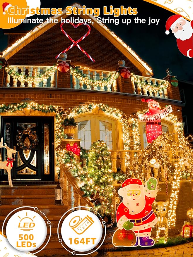 500 LED 164 FT Christmas Lights, Waterproof Outdoor String Lights with Remote and Timer, Christmas Tree Lights with 8 Modes Dimmable, Fairy Lights for Holiday Decor (Warm White)