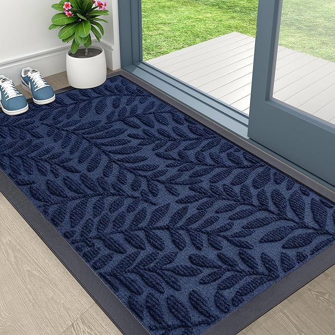OLANLY Door Mat Indoor Outdoor Entrance, 29.5x17, Waterproof All-Weather All-Season Doormat, Sturdy Natural Rubber, Stain and Fade Resistant, Low Profile, Easy Clean Patio Entryway Mat, Navy