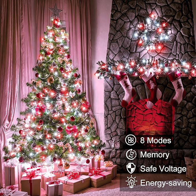 100FT 300 LED Christmas Lights Outdoor, Plug in Christmas String Lights Indoor, Waterproof & 8 Modes & Timer Function, Connectable Fairy Twinkle Light for Bedroom Patio Garden Xmas Decor, Red White
