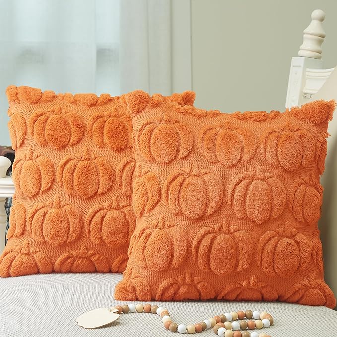 GEEORY Fall Pumpkins Soft Plush Pillow Covers, 20 x 20 Inch Set of 2, Fluffy Faux Fur Wool Decorative Farmhouse Cushion Case for Sofa Home Decoration Orange Pumpkin GC021-20
