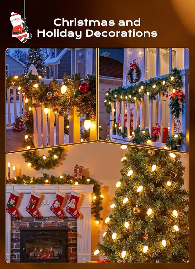 Brightown C9 LED Christmas Lights Outdoor, 100 FT 100 Warm White Connectable C9 String Lights for Christmas Tree Patio Roofline Garden Backyard Holiday Party Indoor Outdoor Decoration, Green Wire