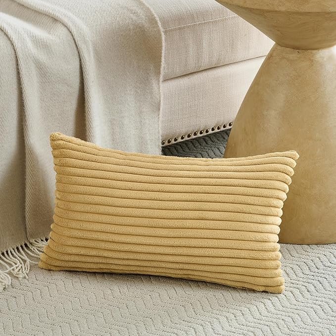 Fancy Homi Set of 2 Mustard Yellow Fall Lumbar Rectangle Decorative Throw Pillow Covers 12x20 Inch for Living Room Couch Bed Chair, Soft Textured Corduroy Aesthetic Farmhouse Home Decor 30x50 cm