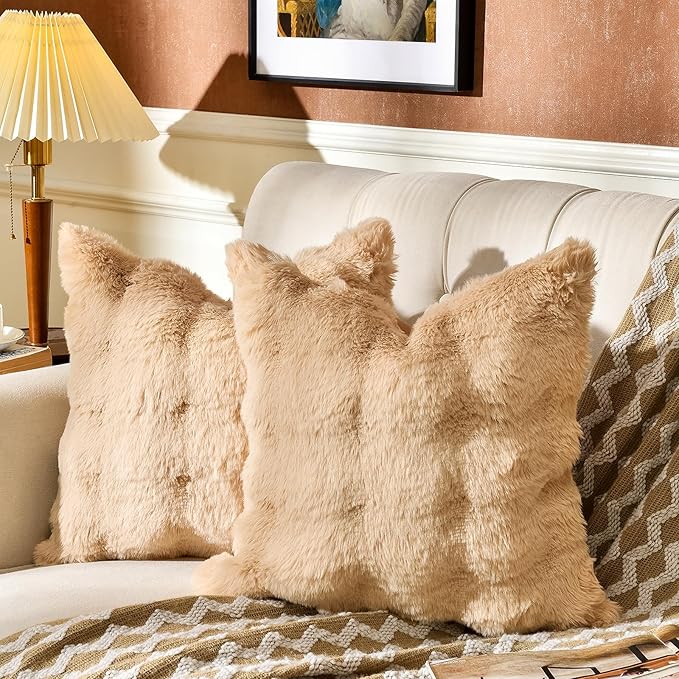 AmHoo Pack of 2 Throw Pillow Covers 3D Dense Faux Rabbit Fur Cozy Super Soft Fuzzy Set Case Cushion for Couch Sofa Bedroom 16 x 16-Inch Camel