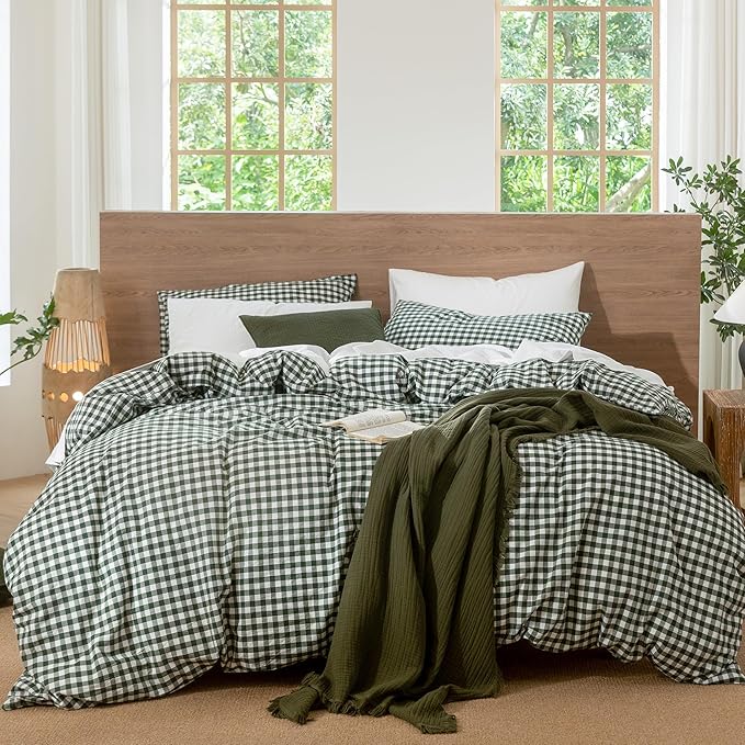 MooMee Gingham Duvet Cover Set 100% Washed Cotton Linen Like Textured Breathable Durable Soft Comfy Modern Checkered Design (Forest Green Gingham, Cal King 104"x98")