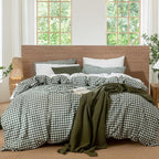 MooMee Gingham Duvet Cover Set 100% Washed Cotton Linen Like Textured Breathable Durable Soft Comfy Modern Checkered Design (Forest Green Gingham, Cal King 104"x98")