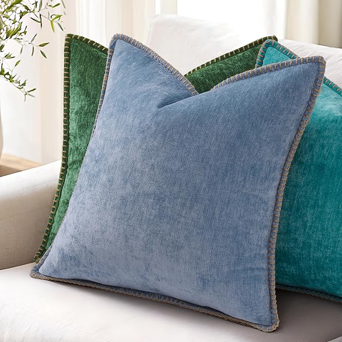 decorUhome Christmas Chenille Soft Throw Pillow Covers 22x22 Set of 2, Farmhouse Velvet Neutral Decorative Euro Pillow Covers with Stitched Edge for Couch Sofa Bed Home Decor, Green