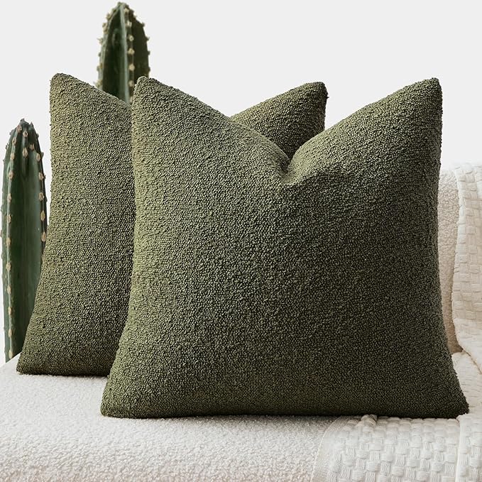 ANRODUO Pack of 2 Textured Boucle Throw Pillow Covers Soft Moss Green Decorative Accent Solid Pillow Cases Cozy Modern Couch Cushion Case for Chair Sofa Bedroom Living Room Home Decor, 20 x 20 Inch
