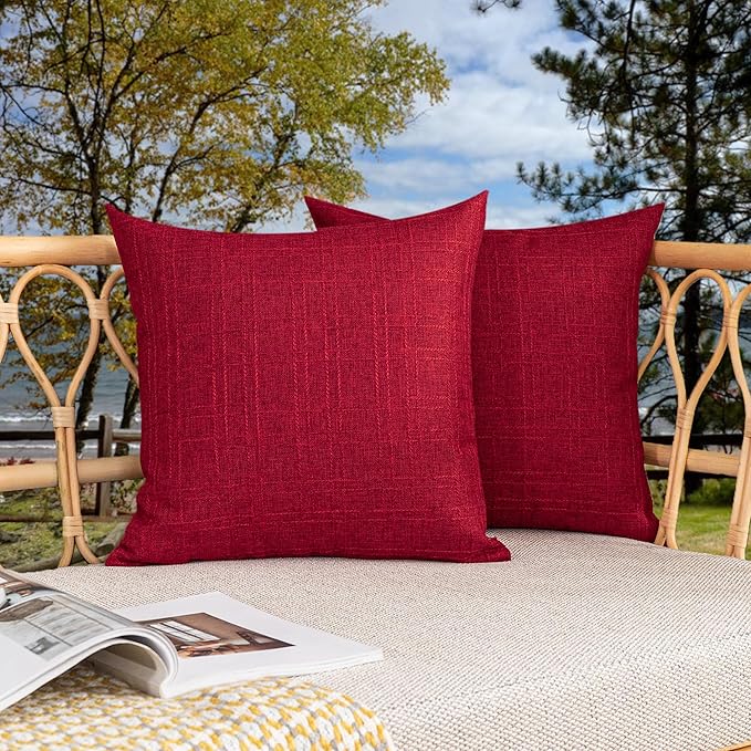 Kevin Textile Pack of 2 Outdoor Waterproof Pillow Covers Checkered Decorative Cushions Sham Throw Pillowcases Shell for Patio Tent Garden Couch Bed Sofa 22x22 Inch Red