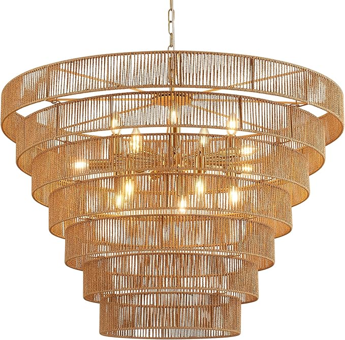 39.4" Large Hand-Woven Rattan Chandelier Vintage Farmhouse 15-Lights Boho Bamboo Chandelier Light Fixture Retro Drum Wicker Rattan Golden Chandeliers for Dining Room, Kitchen, Living Room, E12