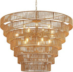 39.4" Large Hand-Woven Rattan Chandelier Vintage Farmhouse 15-Lights Boho Bamboo Chandelier Light Fixture Retro Drum Wicker Rattan Golden Chandeliers for Dining Room, Kitchen, Living Room, E12