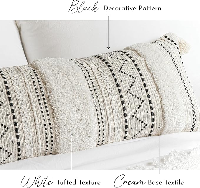BlissBlush Large Body Pillow Cover for Bed 20x54 Boho Accent Oversized Long Pillowcase for Bedroom Black Neutral White Decorative Cushion Farmhouse Home Décor (Cover ONLY, Pack of 1)