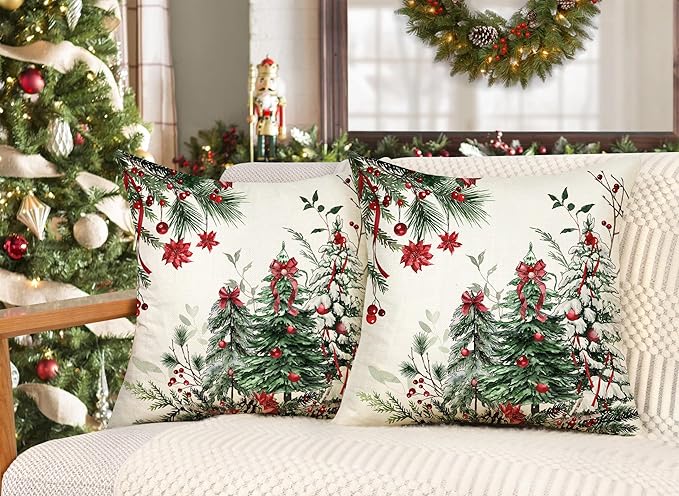 4TH Emotion Christmas Trees Pillow Covers 18x18 Inch Set of 2, Xmas Farmhouse Decorations Winter Holiday Decor Throw Cushion Case for Home Couch S24C37