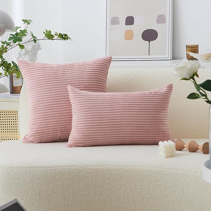Home Brilliant Pillow Covers 16x16 Couch Pillow Covers Decor Striped Velvet Couch Cushion Covers 2 Pieces Throw Pillow Covers for Bed, 40x40cm, 16 x 16 Inch, Baby Pink
