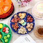 Zhehao 6 Pcs Plastic Divided Serving Trays with 60 Pcs Disposable Fork, 7 Compartments Round Chip Dip Plate, Petal Shape Platter, 10.6'' Snacks Serving Dish for Party Candy Nuts Fruits (Warm Color)
