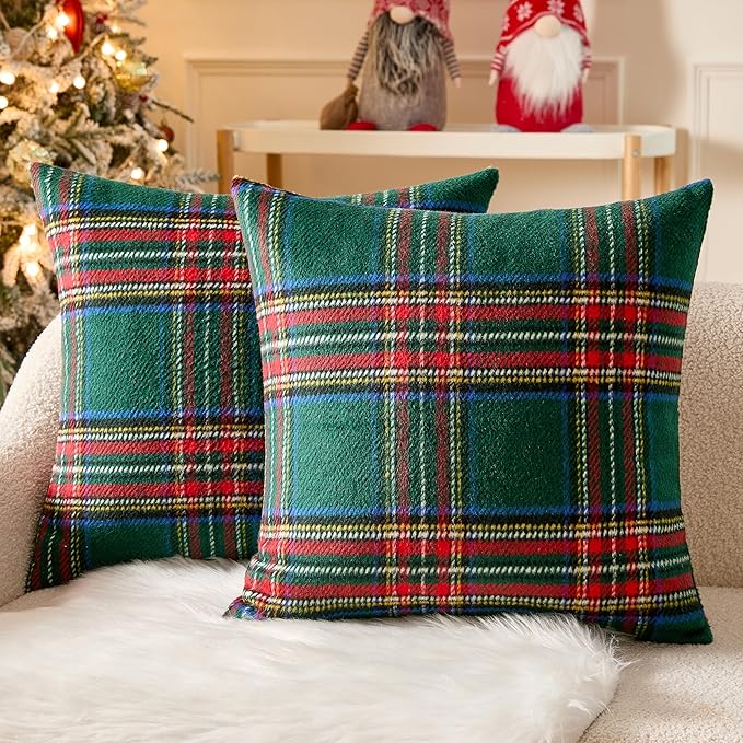 MIULEE Christmas Plaid Decorative Throw Pillow Covers Set of 2 Scottish Tartan Vintage Farmhouse Winter Cuhion Case Pillow Covers for Couch livingroom Sofa Bed Porch Home Decor 20x20inch Green