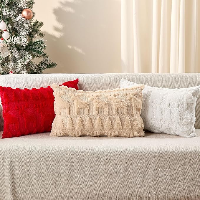 DFXSZ Christmas Pillow Covers 12x20 inch Set of 2 Beige Christmas Tree Elk Decoration Soft Plush Faux Fur Jacquard Throw Pillows for Bedroom Sofa Holiday Festivals Winter Home Decor PTK069C12