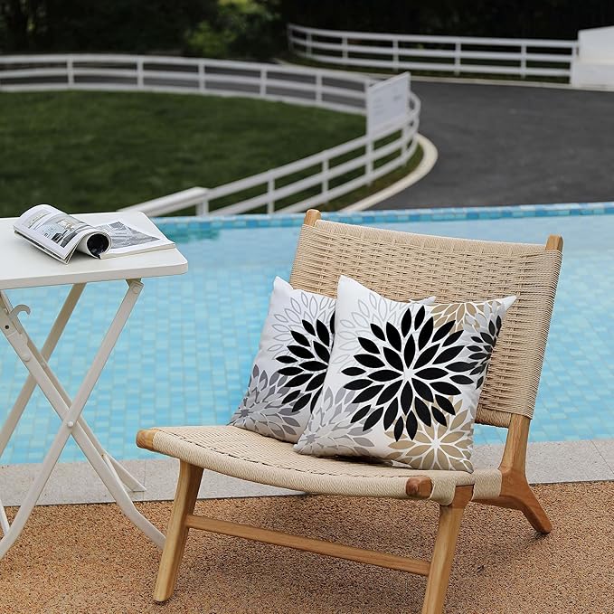 DFXSZ Black Brown Outdoor Pillow Covers 18x18 Inch Set of 2 White Gray Flower Throw Pillows Farmhouse Outdoor Modern Floral Polyester Square Cushion Case Decor for Patio Funiture Garden 002B18