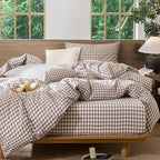 MooMee Gingham Duvet Cover Set 100% Washed Cotton Linen Like Textured Breathable Durable Soft Comfy Modern Checkered Design (Brown Gingham, Super King 108"x98")