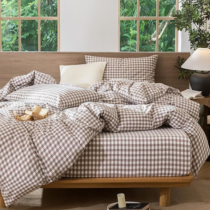 MooMee Gingham Duvet Cover Set 100% Washed Cotton Linen Like Textured Breathable Durable Soft Comfy Modern Checkered Design (Brown Gingham, Palatial King/Oversized King 120"x98")