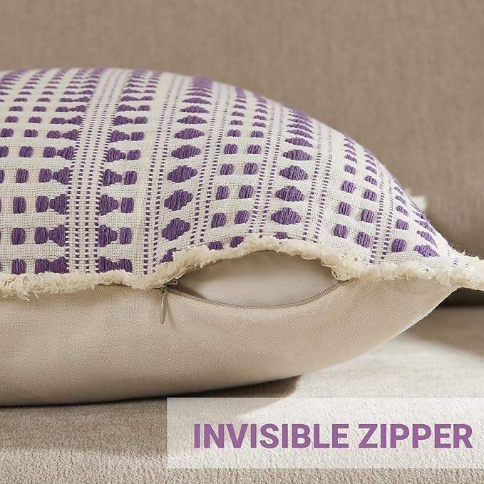Decorative Pillow Covers Set of 2, Boho Farmhouse Couch Throw Pillows with Tassels, Textured Small Dot Pattern Cushion Cases for Sofa Living Room Home Decor (Purple, 18" x 18" (Pack of 2))