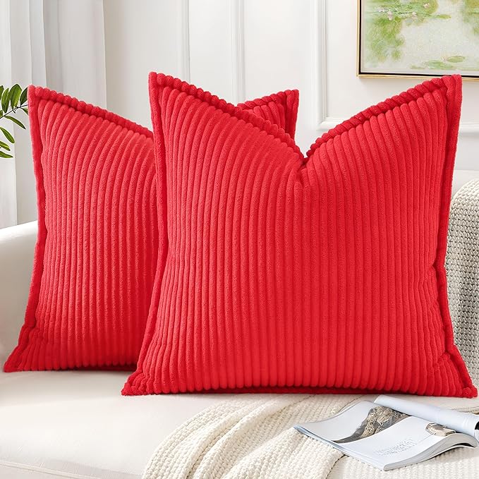 Mecatny Christmas Corduroy Throw Pillow Covers 20x20 Set of 2, Neutral Decorative Soft Boho Couch Pillow Covers with Broadside for Sofa Living Room, Red