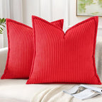 Mecatny Christmas Corduroy Throw Pillow Covers 20x20 Set of 2, Neutral Decorative Soft Boho Couch Pillow Covers with Broadside for Sofa Living Room, Red