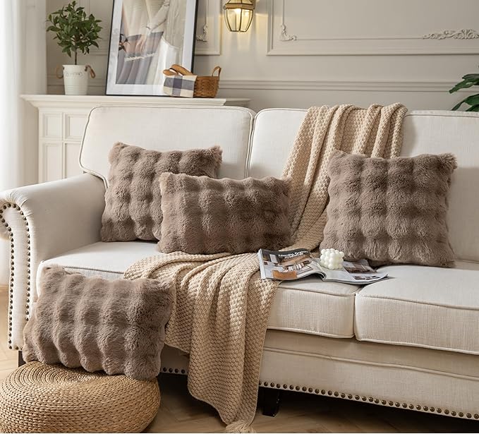 Pack of 2 Thick Plush Throw Pillow Covers Fluffy Wave Faux Fur Decorative Cushion Covers Soft Wool Pillowcase for Sofa Couch Livingroom 12x20 Inch Taupe