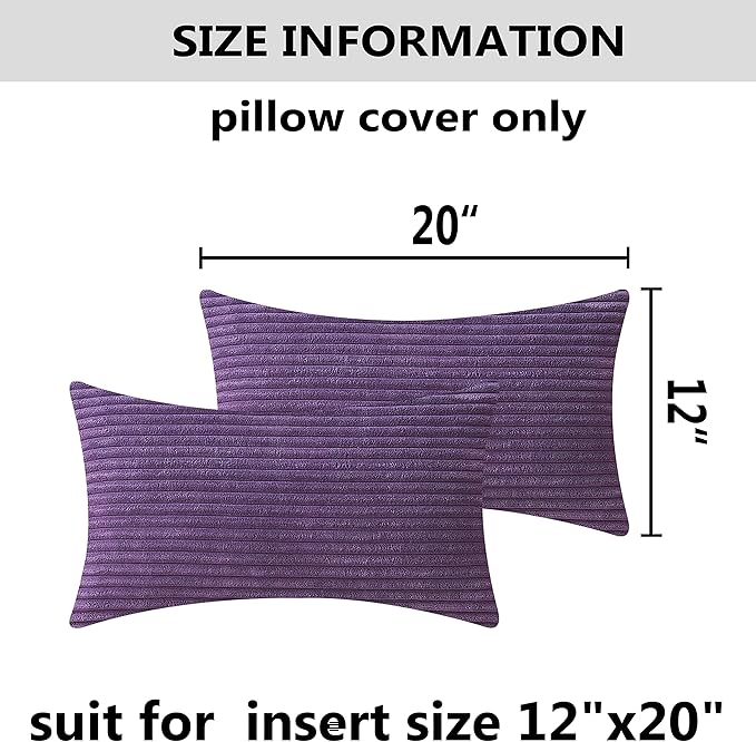 Home Brilliant Purple Throw Pillow Covers 12x20 Set of 2 Striped Velvet Corduroy Oblong Pillow Accent Lumbar Pillow Cover for Car Office Living Room, 12 x 20 inch, Eggplant