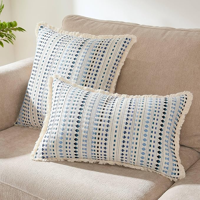 Decorative Pillow Covers Set of 2, Boho Farmhouse Couch Throw Pillows with Tassels, Textured Small Dot Pattern Cushion Cases for Sofa Living Room Home Decor (Blue, 18" x 18" (Pack of 2))