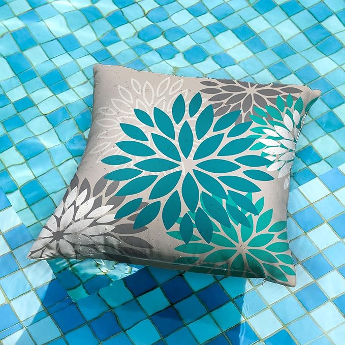 DFXSZ Dark Blue Green Outdoor Pillow Covers 16X16 Inch Set of 2 Spring Teal Flower Pillow Case Outdoor Waterproof Decor for Patio Funiture Garden Polyester pillowcovers 002D16