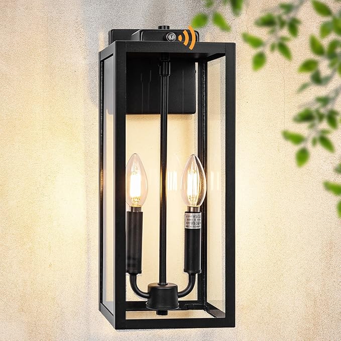 Dusk to Dawn Outdoor Light Fixture 2-Light, Large Outdoor Lantern 16” IP65 Waterproof Exterior Sconce with Photocell Sensor Outside Wall Light for House Front Porch Wall Mounted Lamp, E12