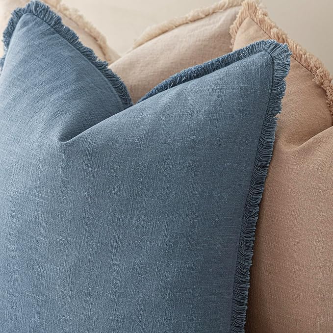 Foindtower Set of 2 Decorative Linen Fringe Lumbar Throw Pillow Covers Boho Farmhouse Cushion Cover with Tassels Soft Accent Pillowcase for Couch Sofa Bed Living Room Home Decor,12×20 Inch,Misty Blue