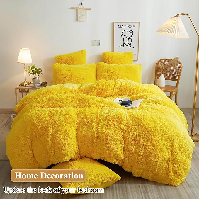 XeGe Faux Fur Fluffy Throw Pillowcases, Plush Shaggy Soft Furry Pillow Covers, Fuzzy Decorative Pillow Cases, Velvet Pillow Shams for Bed Couch Sofa Zipper Closure, Set of 2 (Standard, Yellow)