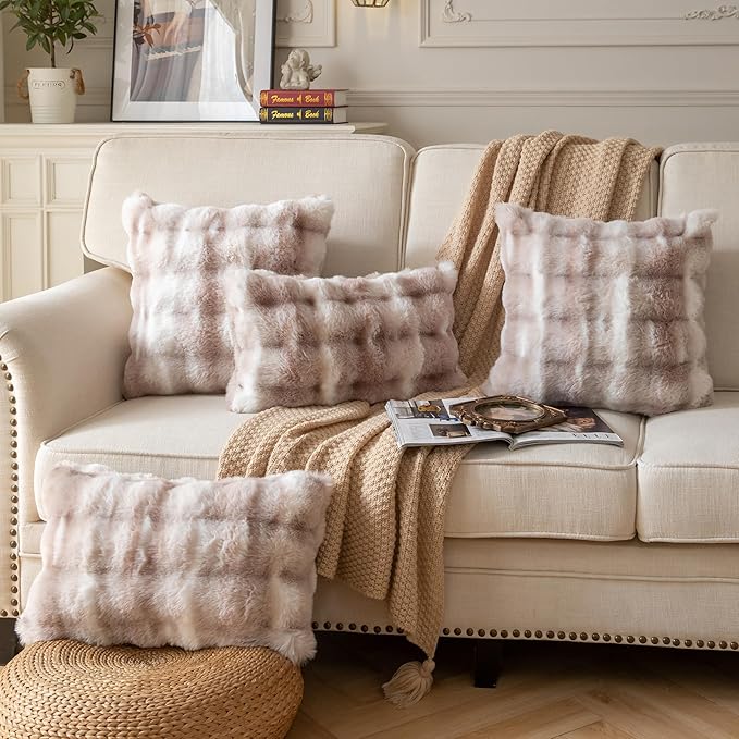 Pack of 2 Thick Plush Throw Pillow Covers Fluffy Wave Faux Fur Decorative Cushion Covers Soft Wool Pillowcase for Sofa Couch Livingroom 12x20 Inch White Taupe