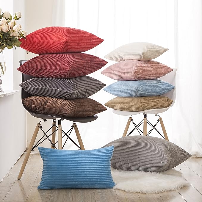 Home Brilliant Pillow Covers 18x18 Decorative Throw Pillows for Couch Dark Red Soft Plush Corduroy Striped Throw Pillow Covers Set of 2 for Sofa Couch Bed Christmas, 18 x 18 Inch, Burgundy